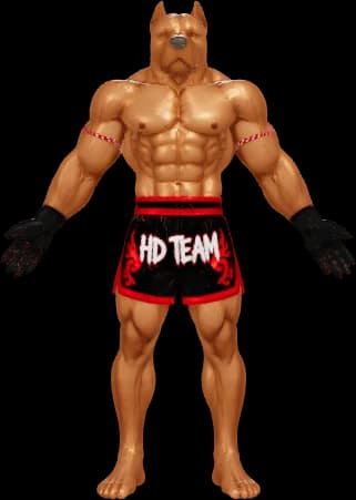 Mascotte pitbull HD Team en tenue de muay thaï
